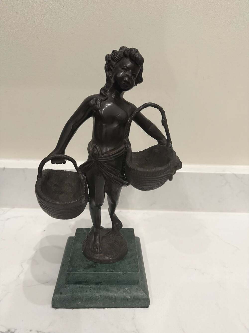 Suzanne Bizard Bronze Girl with Baskets Sculpture on Marble Base